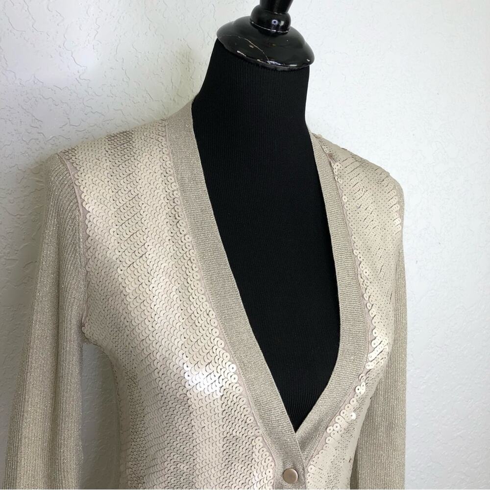 Cache Champagne Gold Sequin Front Button Cardigan… - image 2